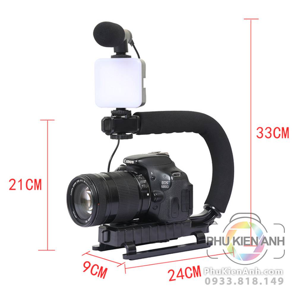 Bộ đèn LED + Micro + tay cầm chống rung máy ảnh chữ C Camera Stabilizer ...